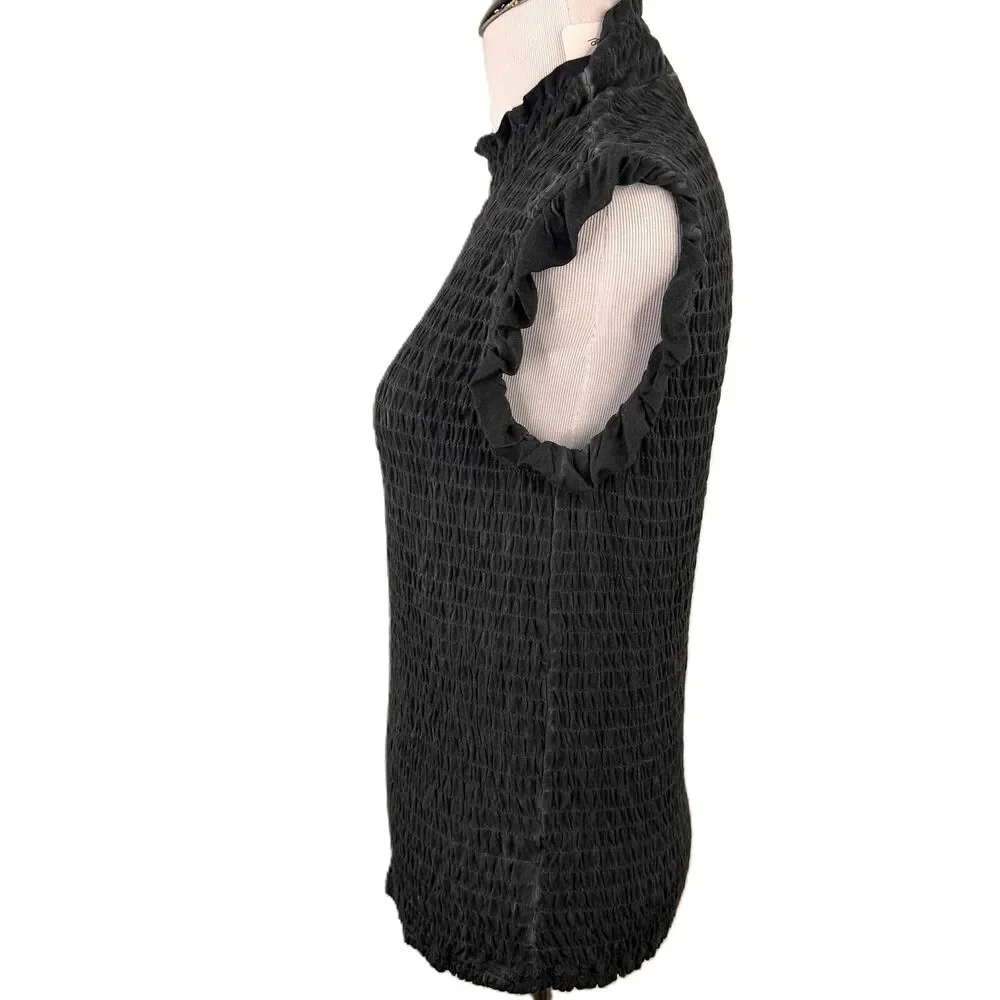 POL Black Ruffled Sleeves Mock Neck Textured Top Size Large